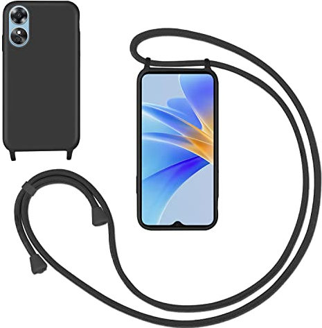 GoodcAcy Silikon Handykette Handyhülle für Oppo A17 4G,Smartphone Necklace Hülle mit Band Schutzhülle mit Kette zum umhängen Halskette Flüssig Silikon Case für Oppo A17 4G,Schwarz