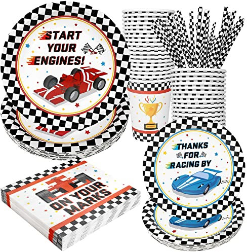 Racing Car Party Supplies Decorations, Checked Race Car Theme Birthday Paper Plates and Napkins Set with Cups and Straws for 24 Guests, 120 Pcs Disposable Party Dessert Dinnerwares