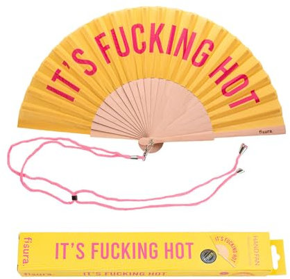 Fisura - Original Handheld Folding Fan with message in english. Funny wooden fan. Original holding Hand Fans. Birthday Gifts Wedding Party Decoration (Hot, black) (Hot, yellow and pink)