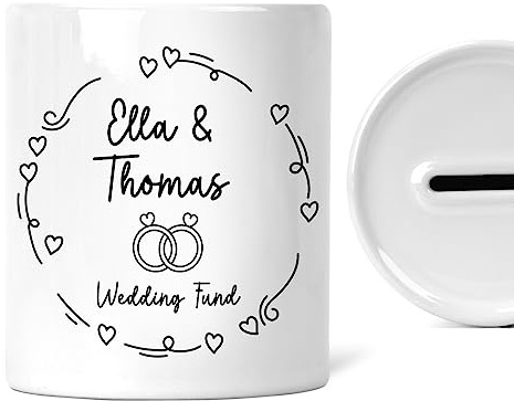 Personalised Wedding Fund Money Box | Add Names and Date | Wedding Rings Wreath | Engagement Gift, Fiance Gift | Wedding Savings Pot | Gifts For Engagement