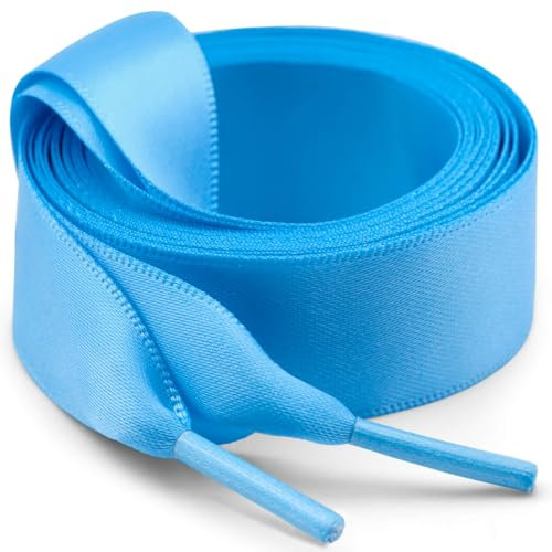 WEGOODZF Flat Satin Ribbon Shoelaces: 2 Pairs of 2CM Wide 100CM Long Sky Blue Silk Shoe Laces for Trainers Pumps Sneakers