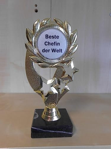 Pokal Beste Chefin der Welt - Geburtstag - Geschenk - Gr. 19,5 cm, (Gold) - Trophäe - Pokale - mit Emblem 50 mm Silber - (A1)
