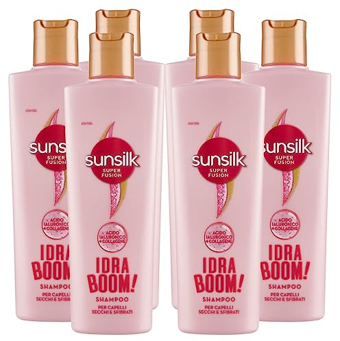 Sunsilk Idra Boom Shampoo per Capelli Secchi e Sfibrati Formula Super Fusion 72h con Acido Ialuronico e Collagene Azione Idratante Anti Effetto Crespo - 6 Flaconi da 220ml