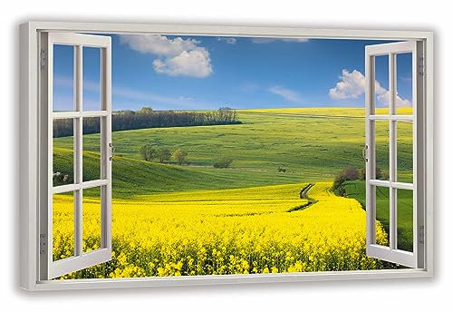 HUBDECO Leinwandbild Fensterblick Blumenlandschaft Bild 100x70 cm - Landschaftsbilder auf Leinwand - Wandbilder Wohnzimmer - Bild Fenster mit Ausblick - Aesthetic Room Decor - Wanddeko Schlafzimmer