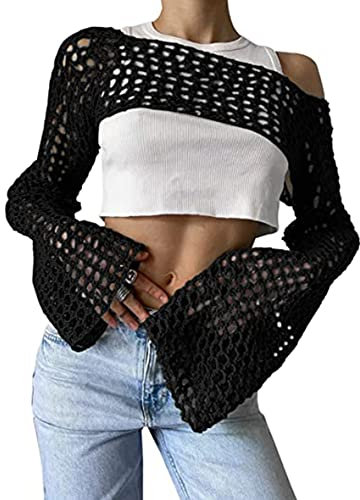 Aimiray Damen Sexy Mesh Crochet Crop Top Aushöhlen Strand Cover Ups Durchsichtig Langarm Y2k Strickpullover Tees, Schwarz, X-Klein