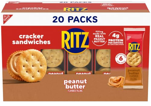 RITZ Erdnussbutter-Sandwich-Knallbonbons, 4 g, Protein, 20 Packungen | Lunch-Snacks, 6 Cracker-Sandwiches pro Packung, einzeln verpackt