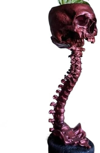 CRAKES Harz Schädel Pflanzgefäß & Wirbelsäule Ständer Set Polyresin Schädel Topf Halloween Dekoration Retro Mensch Schädel Kopf Langlebig Rot