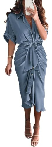 BTFBM Dresses for Women Summer Button Short Sleeve Silk Satin Ruched Spring Maxi Dress 2026 Cocktail Party Wedding(Grey Blue, Medium)