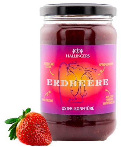 Hallingers Oster Konfitüre Erdbeere - Ostergeschenke für Osterkörbchen zu Ostern, Handgerührte Konfitüre fürs Osterfrühstück (Glas) - Geschenk im Sommer & als perfektes Grillgeschenk | Glückwunsch Fre