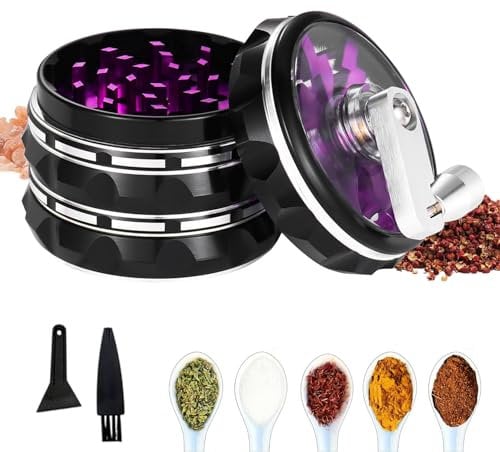 Konesky Herb Grinder, 2.5 Inch Hand Cranked Clear Top Herb Grinder with Pollen Scraper and Cleaning Brush, Portable Aluminium Alloy Herb Grinder for Dry Herb and Spices