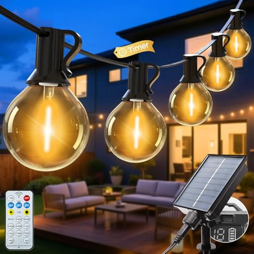 litogo 20M/65FT Solar Festoon Lights Outdoor with Remote, 25+2 Bulbs Solar String Lights Outdoor Garden Dimmable, 8 Modes Timer Patio Light for Outside Wedding Backyard Party Camping (Warm White)