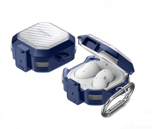 KQXG Case for Samsung Galaxy Buds Live/Buds FE/Buds 2 / Buds Pro/Buds 2 Pro - Soft Silicone & Hard PC, Transparent with Carbon Fiber Texture, Shockproof, Secure Lock, Metal Hook -Blue