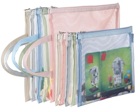 Colored Mesh Zipper Pouch Bags, 10A4&10A5 Single-Layer Nylon Puzzle Building Block Sets Toy Storage & Organization, Breathable See Through Zipper Pouch with Handle for School Office Games