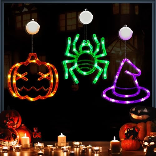 AUAUY Halloween Decoration Lights - 3 Pack Orange Pumpkin Green Spider Purple Witch Hat with Suction Cup, Battery Operated for Indoor Home Party Decorations