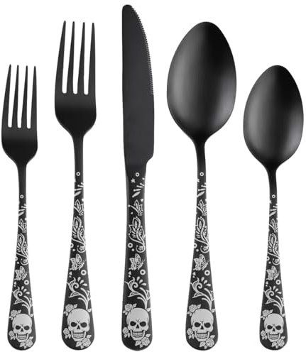 XIAOYU Juego de cubiertos con calaveras negras extrañas de 5 piezas, juego de cubiertos góticos mate, diseño único de calaveras, flores y mariposas, cubiertos de Halloween, vajilla para festivales