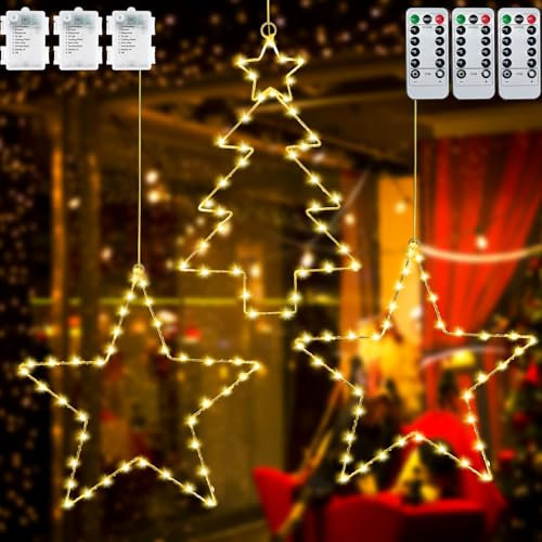 Ulikey Luces de Navidad para Ventana, 3 Piezas 40 LEDs Cortina de Luces con Estrellas, 8 Modos Navidad Decoración Luces con Temporizador, para Exterior Jardín Árbol Navidad Decoración (Luz Cálida)