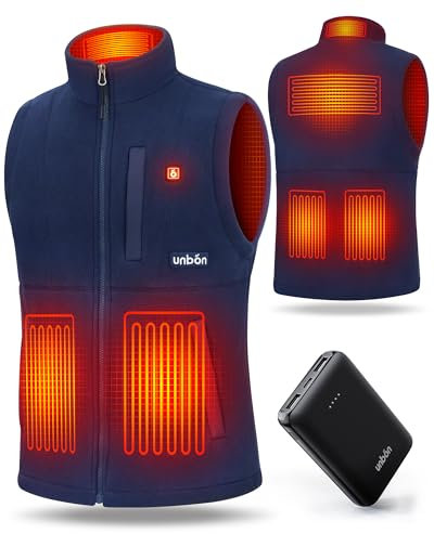 UNBON Gilet Polaire Chauffant Homme, Veste Électrique avec Batterie USB 10000mAh, 3 Températures 6 Zones de Chauffage, Blouson Sans Manche pour Moto Chasse, Bleu, S