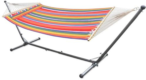 Platzsparende Hängematte mit Ständer, Gestreifte Schnell Trocknende Hängematte Aus Stoff, Gebogene Bambus Spreizstange, Outdoor Patio Yard Indoor Hängematte Bett(Style 1)