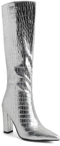 BAISOILIHA Donne Faux Coccodrillo Chunky Heel Knee Stivali Alti Appuntito Comodo High Heel Stivali alti Autunno Stivali invernali per donne Le signore Ragazze Argento Numero 40