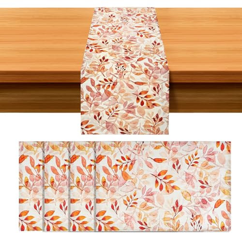 Fycyko Tischläufer Orange und Vier Platzsets Herbst, Herbstdeko für Innen und Tischdeko Outdoor Platzsets Tischläufer Abwaschbar Tischset für Weihnachten Party Geburtstag