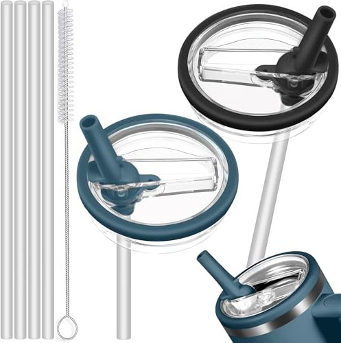 Stanley - Lot de 2 couvercles anti-fuite - Pour gobelet de 1,2 l - Bleu et noir - Avec 4 pailles et 1 brosse à paille - Couvercle de rechange pour gobelet Stanley Cup