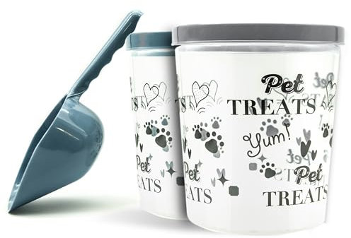 1x 2L Pet Storages Container with 1x Feeding Scoop – Cat & Dog Food Storage Box – Candy Jar, Tin, Tub for Dogs, Cats – Pets Treat Containers with Airtight Lid (Blue/Grey, 2 Litre)