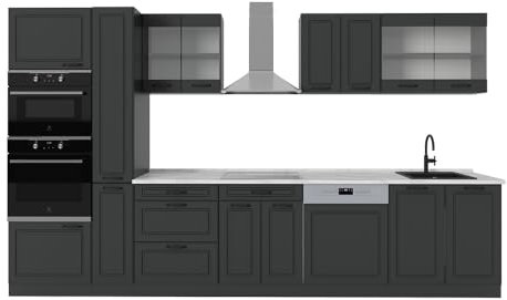 Vicco Küchenzeile R-Line, Anthrazit Landhaus/Anthrazit, 350 cm, AP Marmor