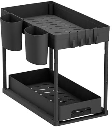 Braozaiw Adjustable Under Sink Organizer with 2-Tier Pull-Out Baskets & Telescoping Rod - Kitchen, Bathroom, Cabinet Storage Shelf (Black)