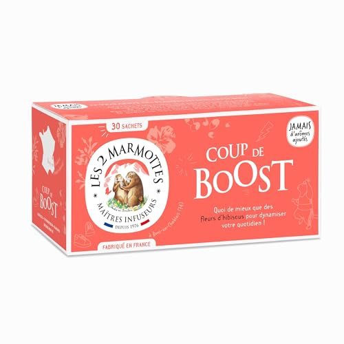 Les 2 Marmottes - Infusion Coup de Boost - 30 sachets | Fleur Hibiscus et Cynorrhodon, Tisane Énergisante et stimulante, Made In France, A Froid ou A Chaud, Sans arômes ajoutés, 55g