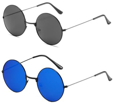 SAIIURV 2 Pairs Lennon Style Retro Round Sunglasses for Women Men, Hippie Sun Glasses Slim Metal Frame Steampunk Classic UV400 Protection Shades, Retro Accessories for Cosplay Festivals Outdoor Sports