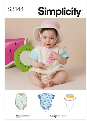 Simplicity Sewing Pattern SS3144A Babies' Contrast Bodysuit and Bucket Hat A (XS-S-M-L)