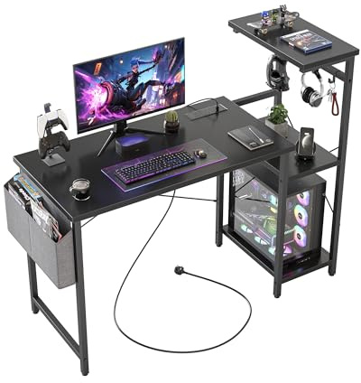 CubiCubi Gaming Desk with Power Outlet (2 AC+USB-A+USB-C), 110 x 50 cm Small Computer Desk with Adjustable Shelf, 4 Hook & Bag for Esports Room, Home Office, Carbon Fiber Black