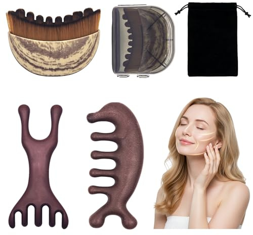 4 Stück Alpenfaser Gesichtsbürste, Lymphatic Contour Face Brush | mit 2 Holz Kopfhaut Massagebürste und Aufbewahrungstasche, Lymphdrainage Massagegerät und Kieferformung