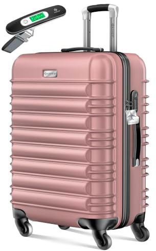 KESSER® Reisekoffer 84L Mittlerer Hartschalen Koffer Inkl. Kofferwaage + Gepäckanhänger | Trolley Gepäck Rollkoffer Zahlenschloss 4 Rollen ABS-Hartschale Teleskopgriff, 66x45x28cm, Himbeerrosa