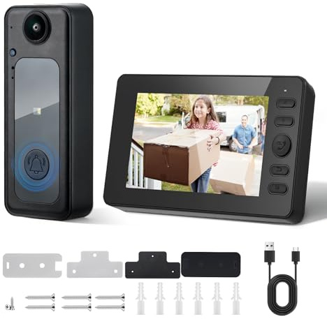 Campanello senza Fili con Telecamera, Campanello Video Impermeabile senza Fili, 1080P HD IPS 4.3, Audio Bidirezionale, Visione Notturna a Infrarossi, Resistente alle Intemperie, Angolo di Visione 170