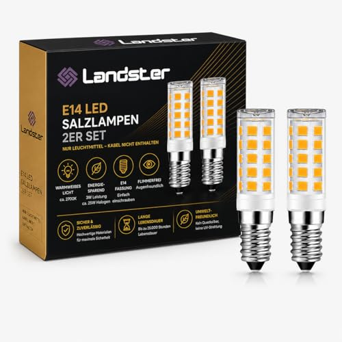 LANDSTER 2x E14 LED Salzlampebirne Warmweiß 2700K – 5W Ersatz für 40W-45W Halogen – Kleine Birne für Salzlampe & Selenitlampe, Kühlschrank, Tischlampen –, Flimmerfrei, Nicht Dimmbar (2 X E14 Birne)