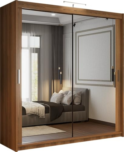 SLIDING WARDROBE 4U Double Mirrored Sliding Door Wardrobe with LED Light, Freestanding Bedroom Wardrobe, Customizable Interior, 90/100/120/150/180/203/250cm, MDF Chipboard (Walnut, 180cm)