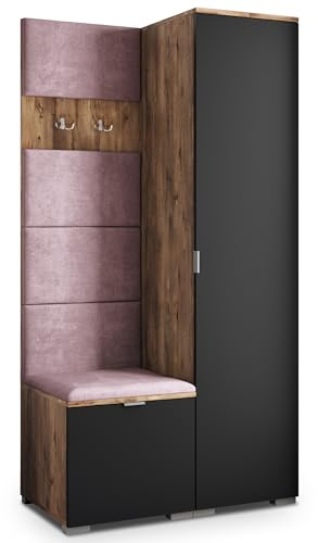 Masseno Flugarderoben Set Lori, Kleiderschrank-Set mit Sitzbank, Garderobenschrank Flur mit 3 Regalböden, Eiche Lefkas/Schwarz