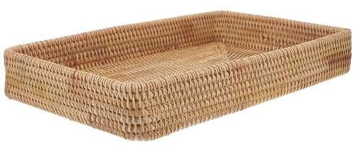 Bandeja y Servir Rectangular Tejida a Mano de Ratán Ordenar | Madera y Ratán, Estilo Bohemio, para Cocinas y Mesas de Café, Pieza Decorativa Versátil