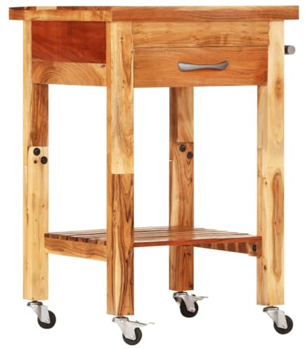 TUERYAFEK Chariot de cuisine en bois massif d'acacia 55 x 55 x 89 cm avec tiroir et porte-serviettes, chariot à roulettes avec 4 roulettes, 2 verrouillables, chariot de service pour bols, assiettes et
