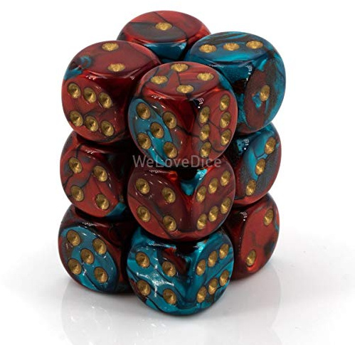 Chessex Gemini 16mm d6 with pips Dice Blocks (12 Dice) - Red-Teal with Gold
