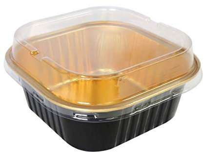 KitchenDance - Pentole da dessert usa e getta, in alluminio, 4 1/4 x 4 1/4, quadrate da 311,8 g, con coperchio, #A-24P (100, nero con interno dorato)