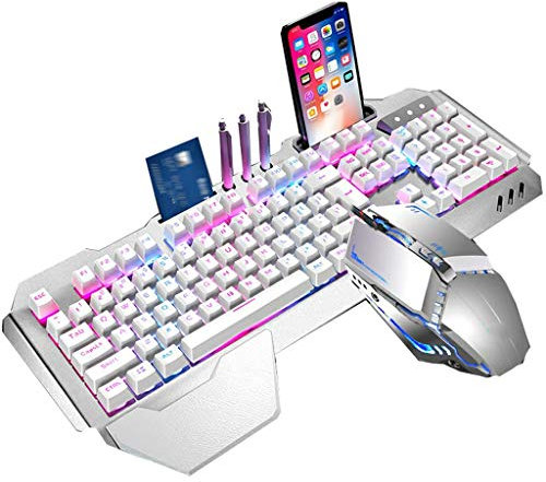 ARCH Backlight Mechanical Keyboard Mouse Combo,Pen Tray,Mobile Phone Holder Slot,Wrist Rest,Waterproof Gaming Keyboard For Laptop Computer PC Games (Color : Silver white blue light)