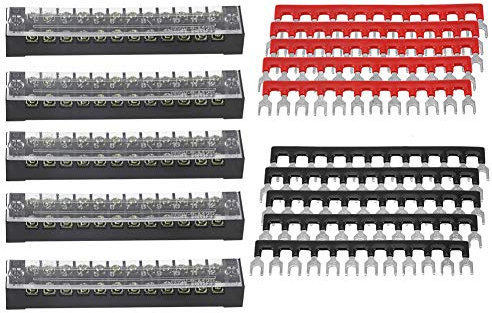 Schraubklemmenblock 10 Stück (5 Sets) Doppelreihiger Schraubklemmenblock 600V 15A 12-polig mit Abdeckung + 400V 15A Vorisolierter Klemmblock 12-polig (schwarz und rot)