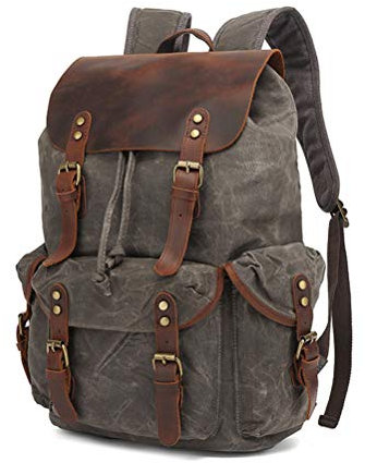 OYHN Mochila para Portátil, Mochila de Lona Encerada de Cuero Genuino para Hombre Mochila de Hombro Mochila de Viaje de Montañismo Vintage Bolsa Impermeable de Gran tamaño y Muy espaciosa,Gris