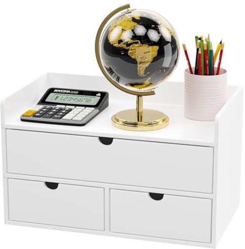 Wisuce Organiseur de bureau en bambou – Mini tiroir de bureau en bambou pour rangement de produits cosmétiques pour bureau ou maison, blanc avec étagère