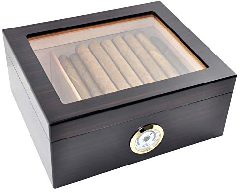 Eitida Zigarren Humidore für 25-50 Zigarren, Display aus gehärtetem Glas handgefertigte Aufbewahrungsbox aus Spanischem Zedernholz mit Trennwand,Luftbefeuchter und Hygrometer Ebenholz schwarz