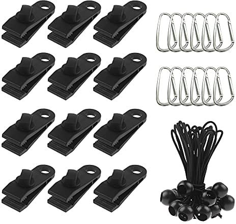 HIQE-FL Markisenklemme,36 Pcs Planenclips mit Karabiner,Planenclips Schwerlast,Markisen Zubehör,Zeltklemmen,Tarp Clips Set,Planenclips Metall,Planenclips mit Spanner