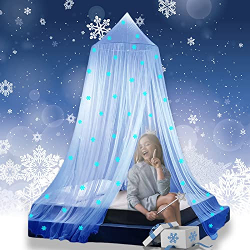 Eimilaly Prinzessin Betthimmel leuchtet im Dunkeln, Weihnachten Schneeflocken Betthimmel für Mädchen Zimmer Dekoration, Blue