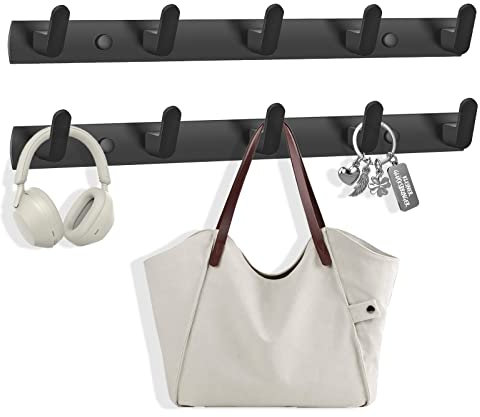 TINIFO Kleiderhaken Hakenleiste Wand, 2 Stück 5 Haken Garderobenhaken Wandgarderobe Aluminium, Modern Wandhaken für Küche, Bad, Balkon(Schwarz)